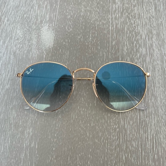 Ray-Ban Sunglasses Round Flat Lenses Gold Frame Blue Lenses - Picture 3 of 5